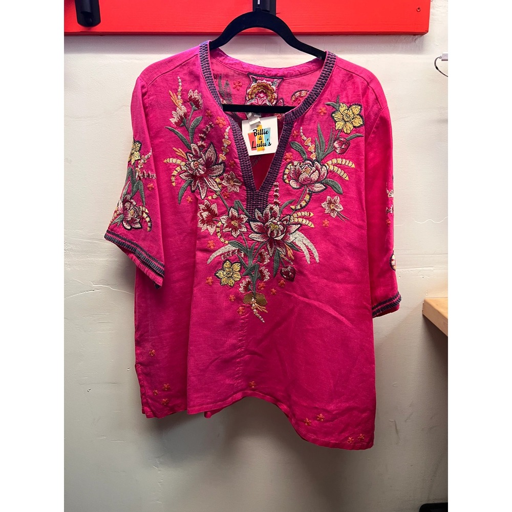 Johnny Was Pink Heavily Embroidered Pink/Green and Yellow Flowers Blouse